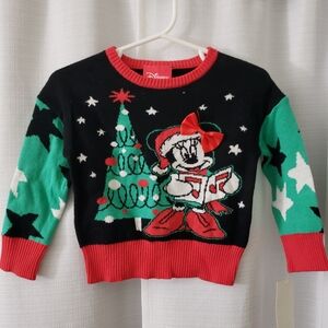 12M Disney Black Red Green Holiday Sweater w/ Caroling Minnie Mouse & Tree